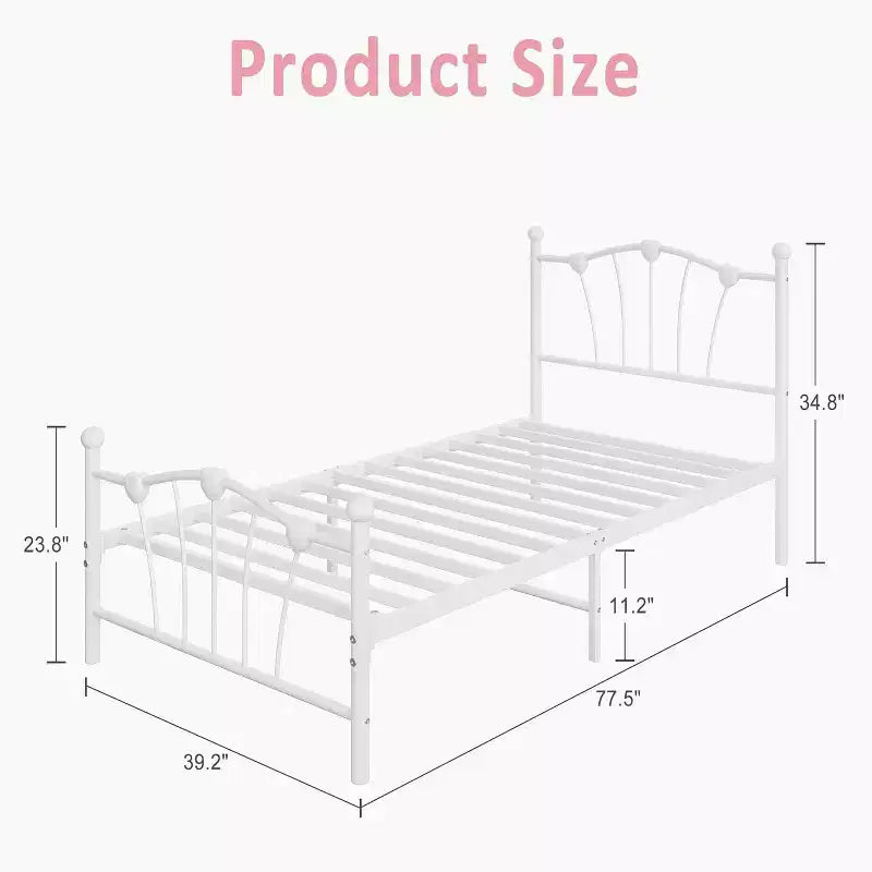 Struttura letto in metallo a forma di cuore doppio Acekool, piattaforma con testiera, pediera, robusto supporto a doghe, contenitore sottostruttura, nessuna molla richiesta, bianco