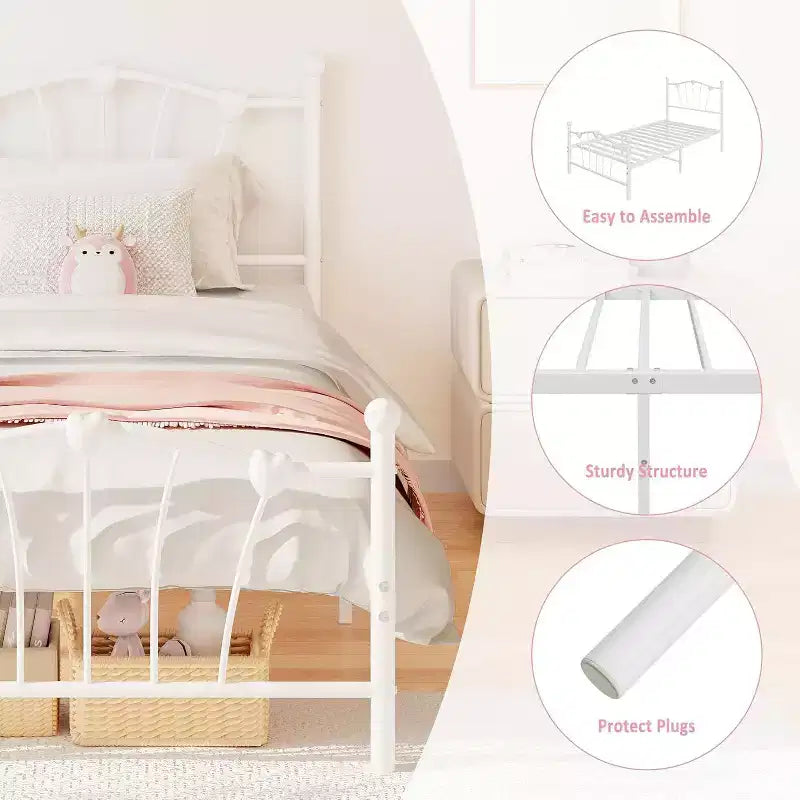 Struttura letto in metallo a forma di cuore doppio Acekool, piattaforma con testiera, pediera, robusto supporto a doghe, contenitore sottostruttura, nessuna molla richiesta, bianco