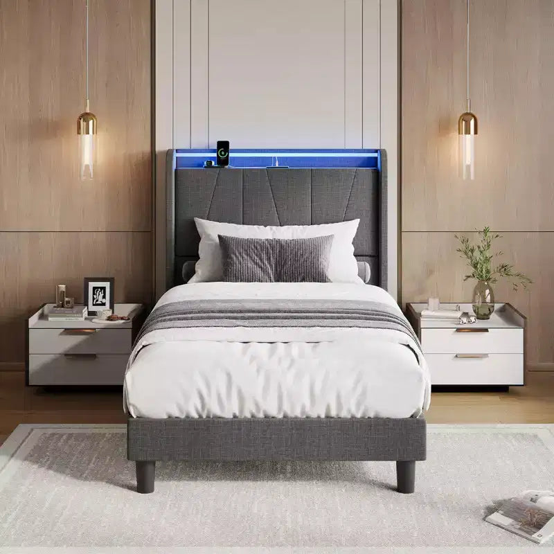 GustoWave Fabric Upholstered Platform Bed Frame, with Under Storage, Steel Slats