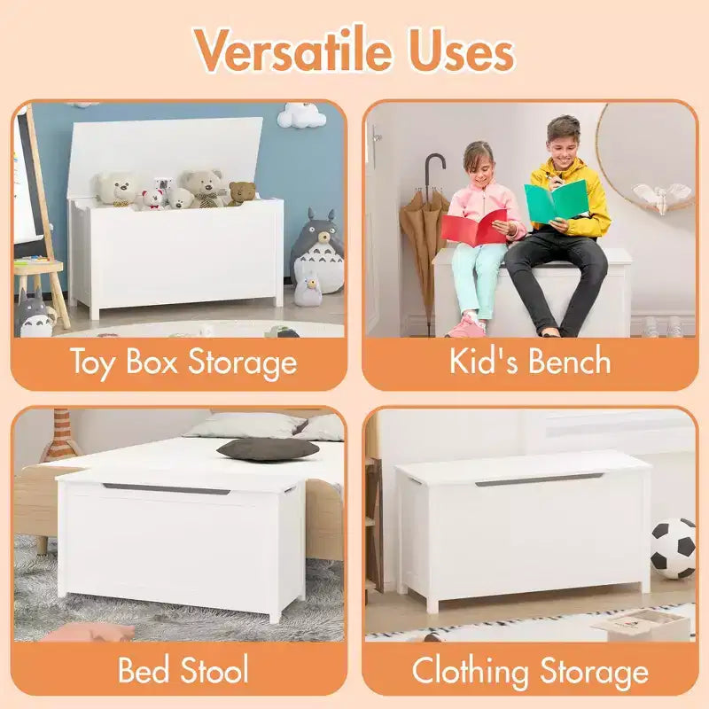 Scatola Portagiochi in Legno per Bambini con Coperchio a Chiusura di Sicurezza, Età 2+ (Bianco)