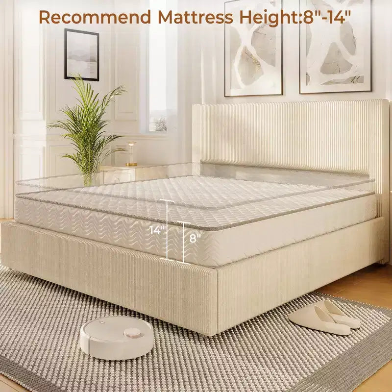 Struttura letto con 4 cassetti contenitore, Struttura letto a piattaforma con testiera imbottita a canale trapuntata, Forte supporto a doghe in legno, Nessun box-spring necessario