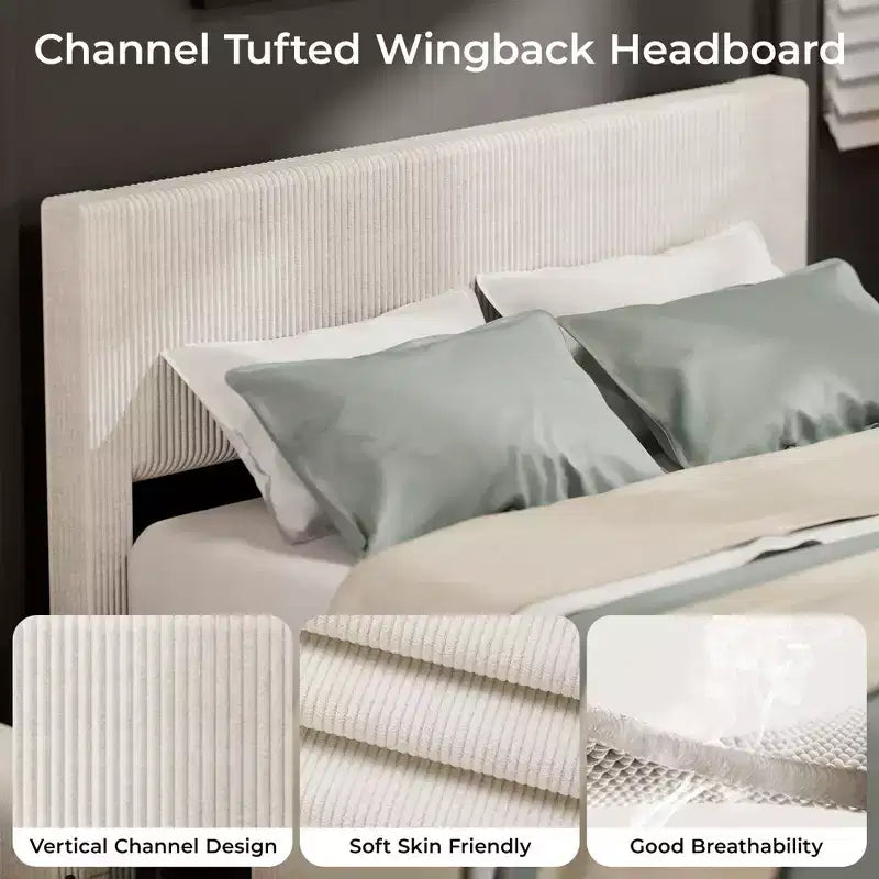 Struttura letto con 4 cassetti contenitore, Struttura letto a piattaforma con testiera imbottita a canale trapuntata, Forte supporto a doghe in legno, Nessun box-spring necessario