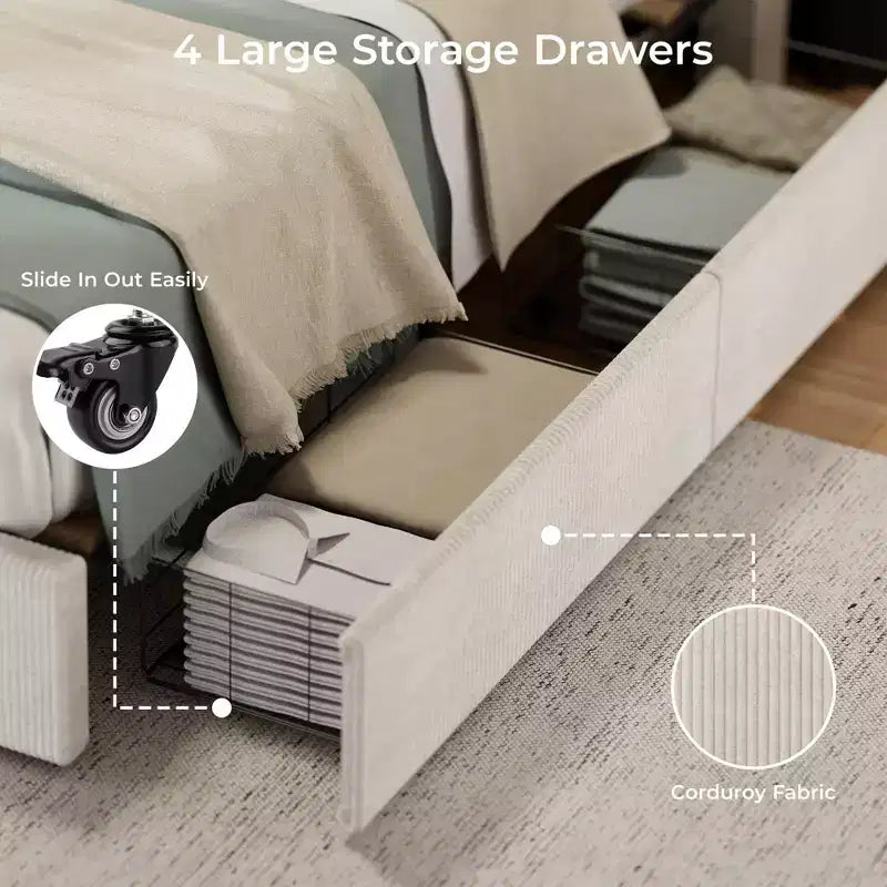Struttura letto con 4 cassetti contenitore, Struttura letto a piattaforma con testiera imbottita a canale trapuntata, Forte supporto a doghe in legno, Nessun box-spring necessario