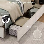 Struttura letto con 4 cassetti contenitore, Struttura letto a piattaforma con testiera imbottita a canale trapuntata, Forte supporto a doghe in legno, Nessun box-spring necessario