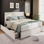 Struttura letto con 4 cassetti contenitore, Struttura letto a piattaforma con testiera imbottita a canale trapuntata, Forte supporto a doghe in legno, Nessun box-spring necessario