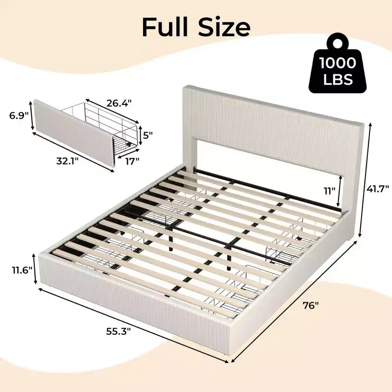 Struttura letto con 4 cassetti contenitore, Struttura letto a piattaforma con testiera imbottita a canale trapuntata, Forte supporto a doghe in legno, Nessun box-spring necessario