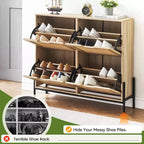Scarpiera, Organizer per scarpe in Rattan Naturale con 4 Ante a Ribalta, Scarpiera stretta da terra con gambe in metallo e ripiano regolabile