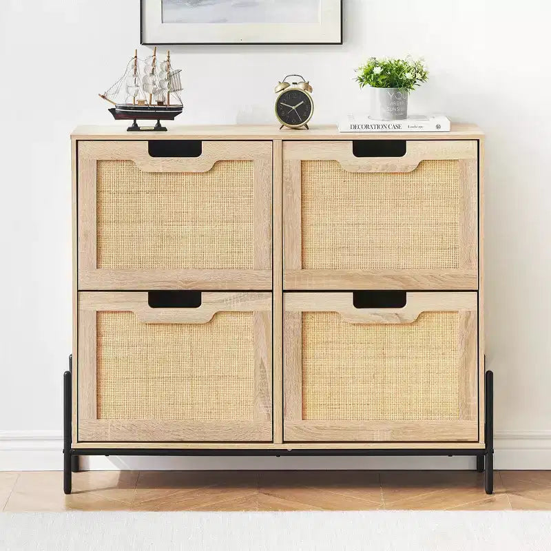Scarpiera, Organizer per scarpe in Rattan Naturale con 4 Ante a Ribalta, Scarpiera stretta da terra con gambe in metallo e ripiano regolabile