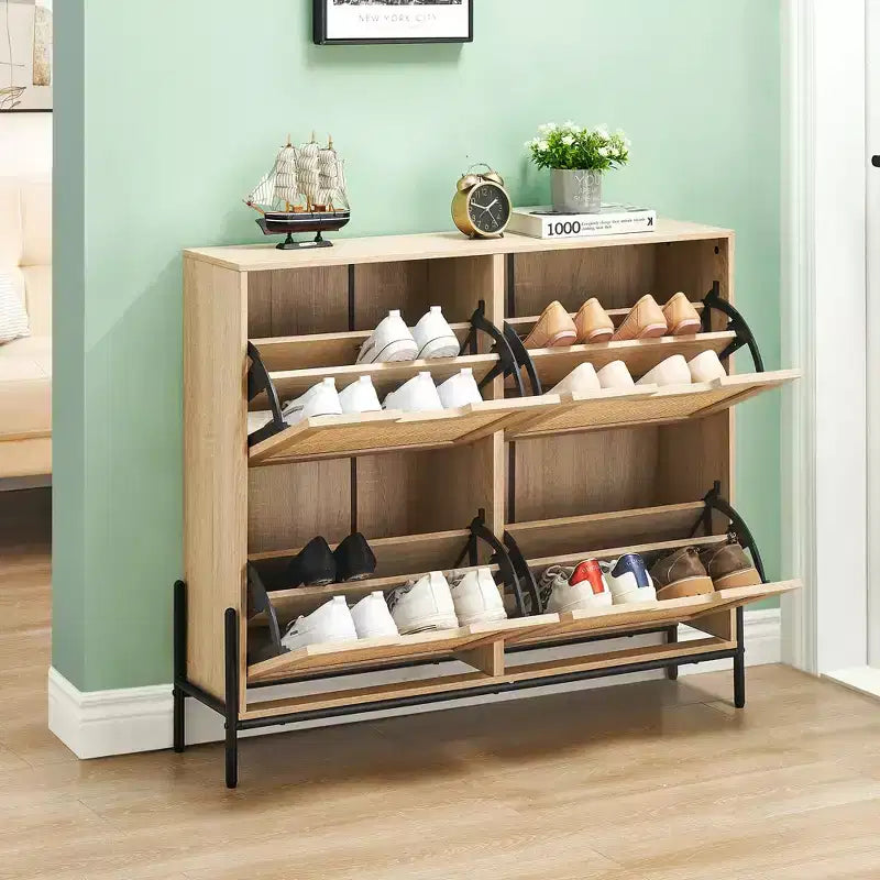 Scarpiera, Organizer per scarpe in Rattan Naturale con 4 Ante a Ribalta, Scarpiera stretta da terra con gambe in metallo e ripiano regolabile