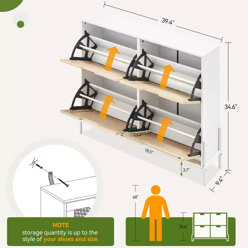 Scarpiera, Organizer per scarpe in Rattan Naturale con 4 Ante a Ribalta, Scarpiera stretta da terra con gambe in metallo e ripiano regolabile
