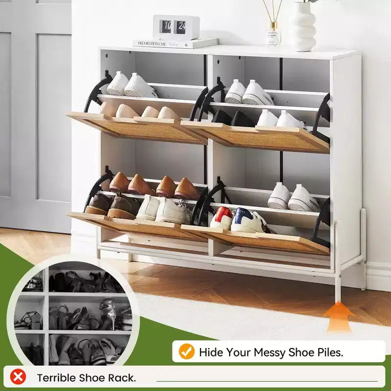 Scarpiera, Organizer per scarpe in Rattan Naturale con 4 Ante a Ribalta, Scarpiera stretta da terra con gambe in metallo e ripiano regolabile