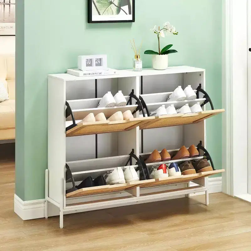 Scarpiera, Organizer per scarpe in Rattan Naturale con 4 Ante a Ribalta, Scarpiera stretta da terra con gambe in metallo e ripiano regolabile