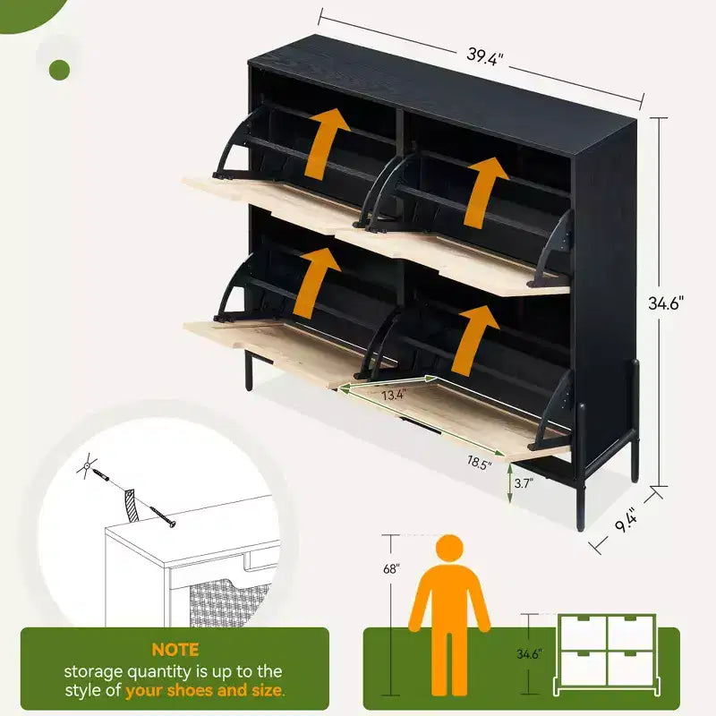 Scarpiera, Organizer per scarpe in Rattan Naturale con 4 Ante a Ribalta, Scarpiera stretta da terra con gambe in metallo e ripiano regolabile