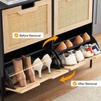 Scarpiera, Organizer per scarpe in Rattan Naturale con 4 Ante a Ribalta, Scarpiera stretta da terra con gambe in metallo e ripiano regolabile