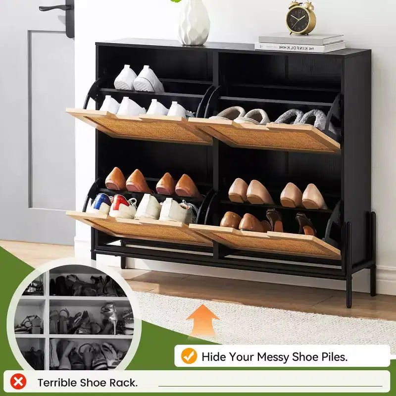 Scarpiera, Organizer per scarpe in Rattan Naturale con 4 Ante a Ribalta, Scarpiera stretta da terra con gambe in metallo e ripiano regolabile