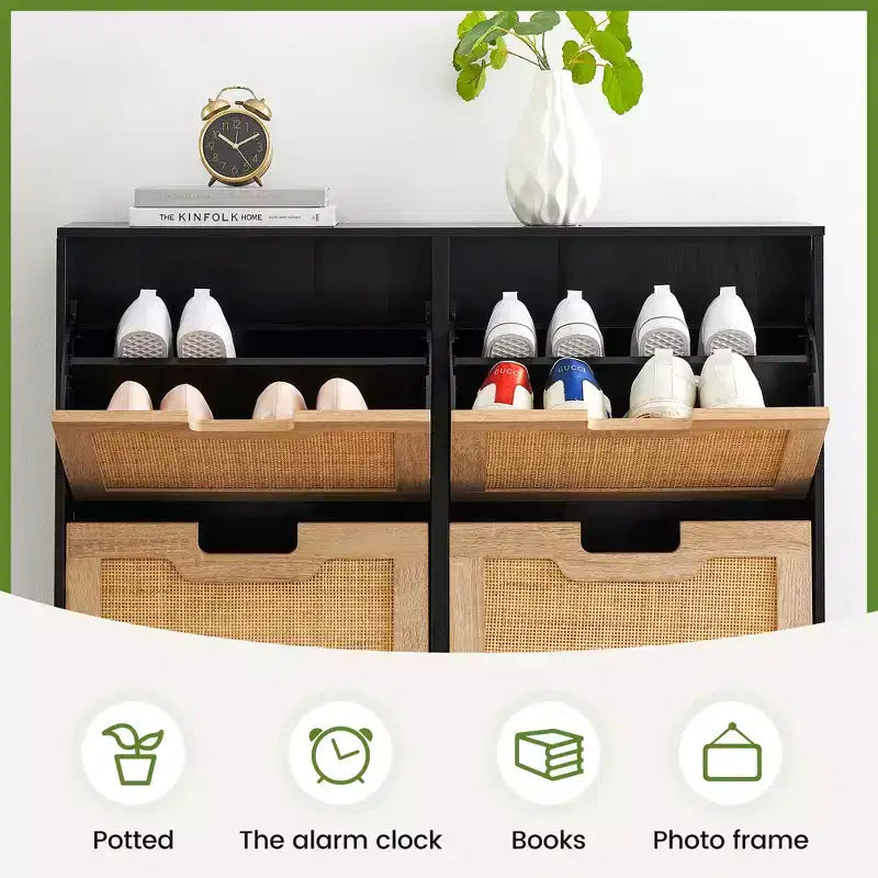 Scarpiera, Organizer per scarpe in Rattan Naturale con 4 Ante a Ribalta, Scarpiera stretta da terra con gambe in metallo e ripiano regolabile