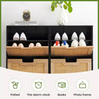 Scarpiera, Organizer per scarpe in Rattan Naturale con 4 Ante a Ribalta, Scarpiera stretta da terra con gambe in metallo e ripiano regolabile