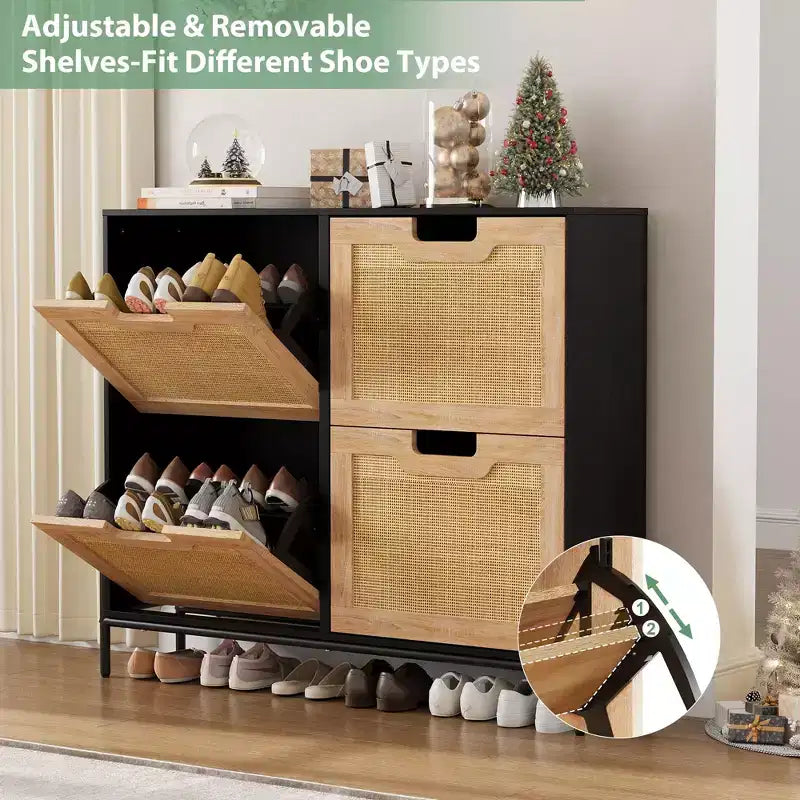Scarpiera, Organizer per scarpe in Rattan Naturale con 4 Ante a Ribalta, Scarpiera stretta da terra con gambe in metallo e ripiano regolabile