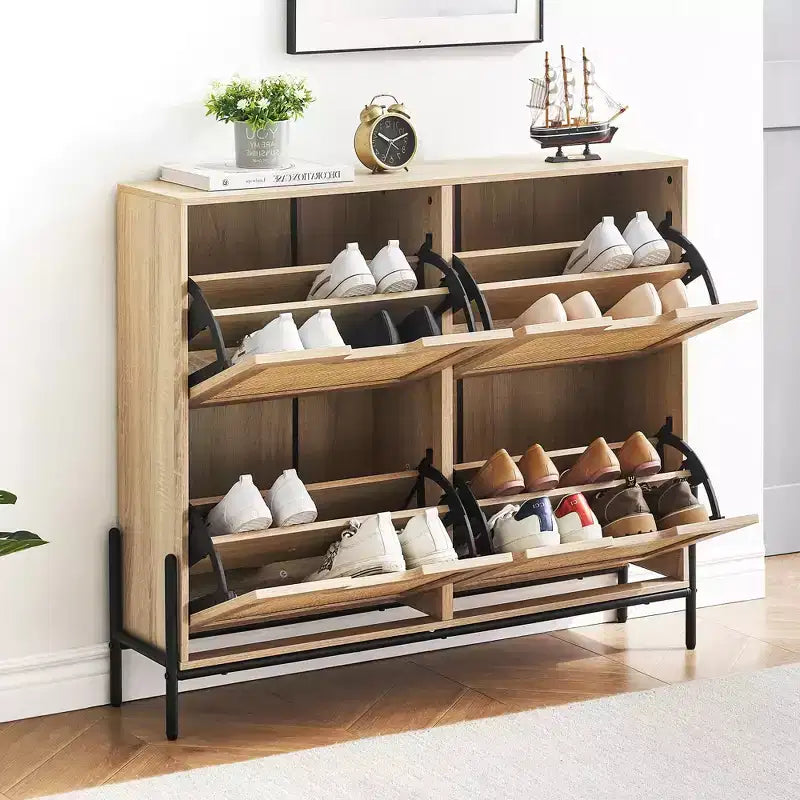 Scarpiera, Organizer per scarpe in Rattan Naturale con 4 Ante a Ribalta, Scarpiera stretta da terra con gambe in metallo e ripiano regolabile