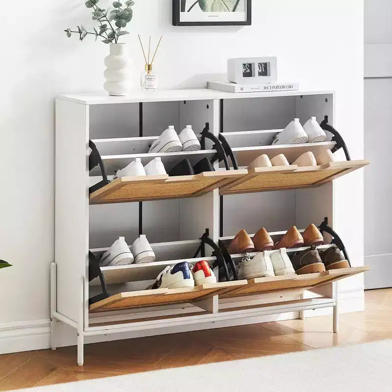 Scarpiera, Organizer per scarpe in Rattan Naturale con 4 Ante a Ribalta, Scarpiera stretta da terra con gambe in metallo e ripiano regolabile