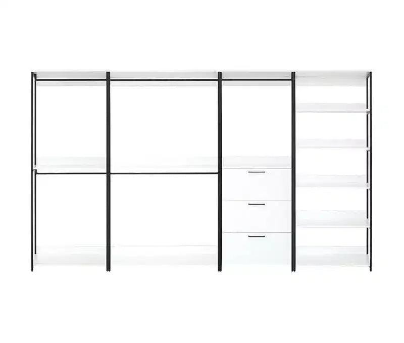 Sistema armadio universale in composito di legno bianco 77,7 pollici H x 143 pollici L con contenitori portaoggetti