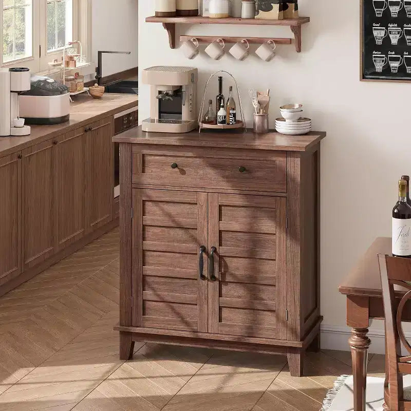 31.5 Rustic Storage Cabinet with Adjustable 3-Tier Shelves, Farmhouse Entryway Organizer Featuring Slatted Doors, Waterproof Design for Kitchen