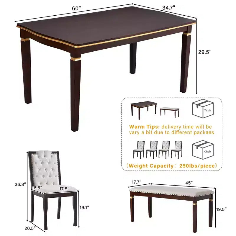 Set da Pranzo da Cucina Retro da 6 Pezzi, Tavolo Rettangolare in Legno e 4 Sedie Trapuntate con Schienale Alto e 1 Panca
