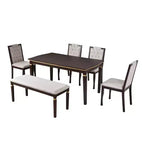 Set da Pranzo da Cucina Retro da 6 Pezzi, Tavolo Rettangolare in Legno e 4 Sedie Trapuntate con Schienale Alto e 1 Panca
