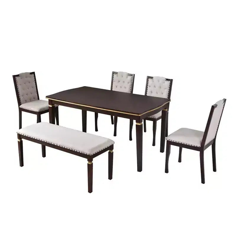 Set da Pranzo da Cucina Retro da 6 Pezzi, Tavolo Rettangolare in Legno e 4 Sedie Trapuntate con Schienale Alto e 1 Panca