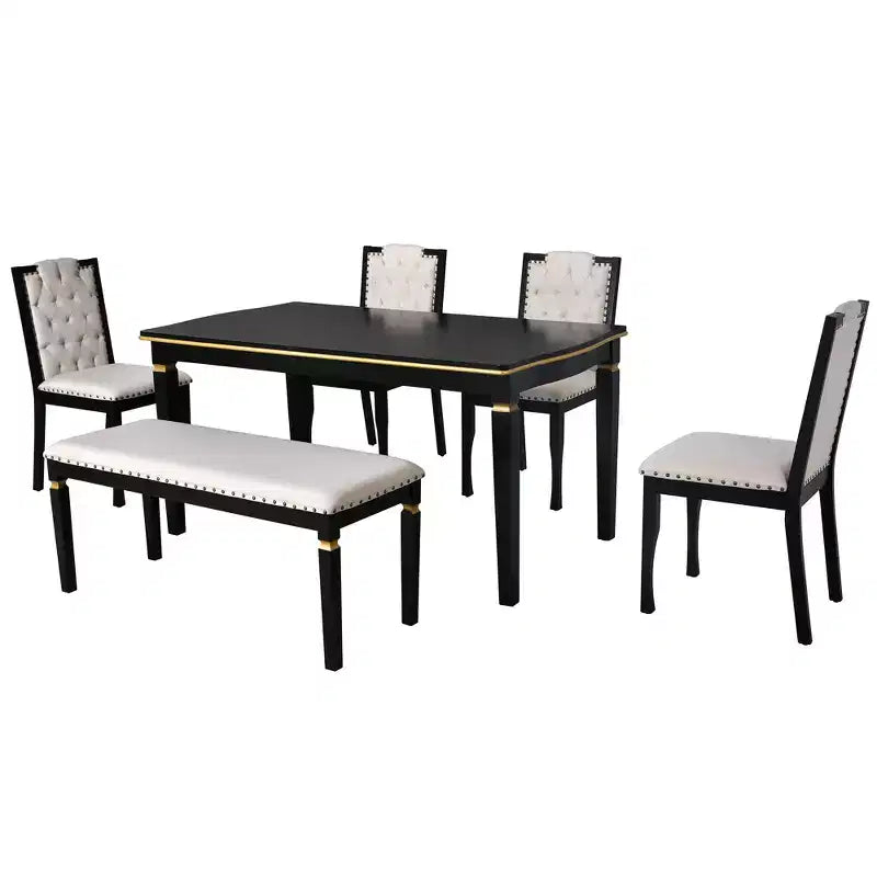 Set da Pranzo da Cucina Retro da 6 Pezzi, Tavolo Rettangolare in Legno e 4 Sedie Trapuntate con Schienale Alto e 1 Panca