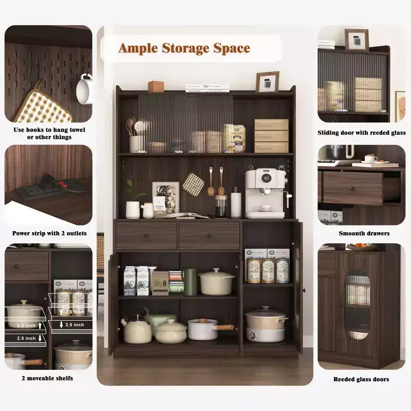 Mobile dispensa da cucina in legno da 71 pollici con ante in vetro e supporto per microonde, credenza a buffet per cucina e sala da pranzo