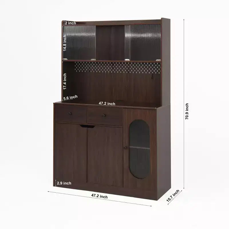 Mobile dispensa da cucina in legno da 71 pollici con ante in vetro e supporto per microonde, credenza a buffet per cucina e sala da pranzo