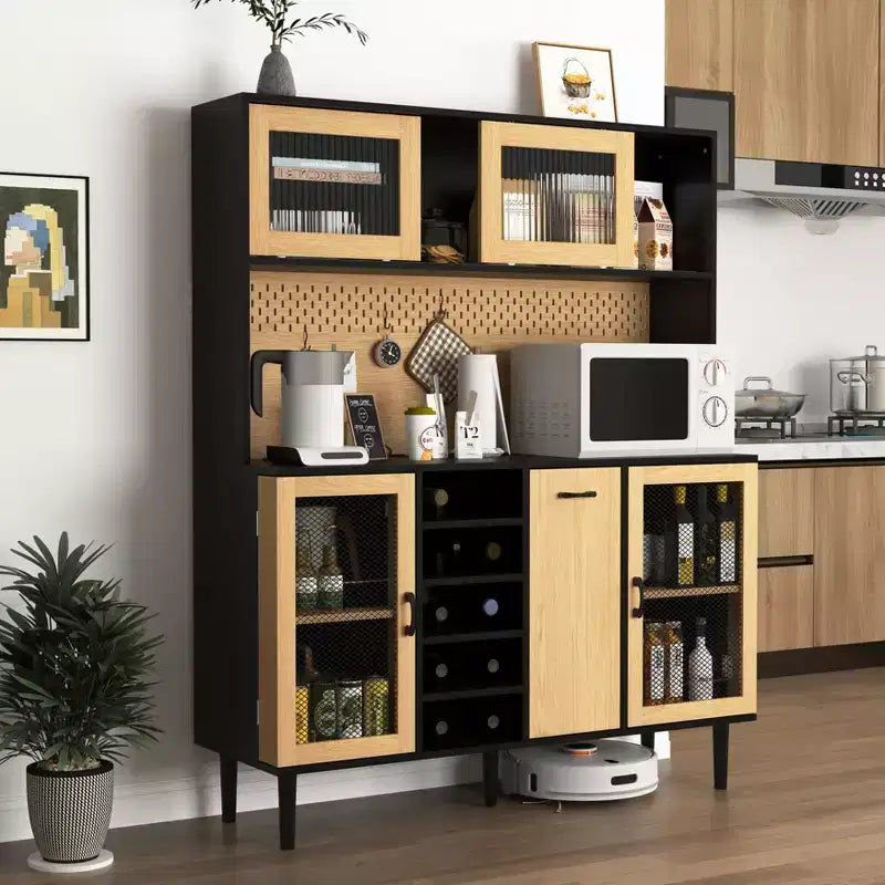Mobile dispensa da cucina in legno da 71 pollici con ante in vetro e supporto per microonde, credenza a buffet per cucina e sala da pranzo