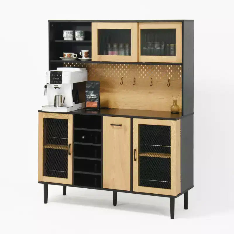 Mobile dispensa da cucina in legno da 71 pollici con ante in vetro e supporto per microonde, credenza a buffet per cucina e sala da pranzo