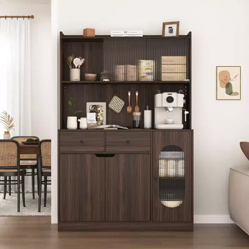 Mobile dispensa da cucina in legno da 71 pollici con ante in vetro e supporto per microonde, credenza a buffet per cucina e sala da pranzo