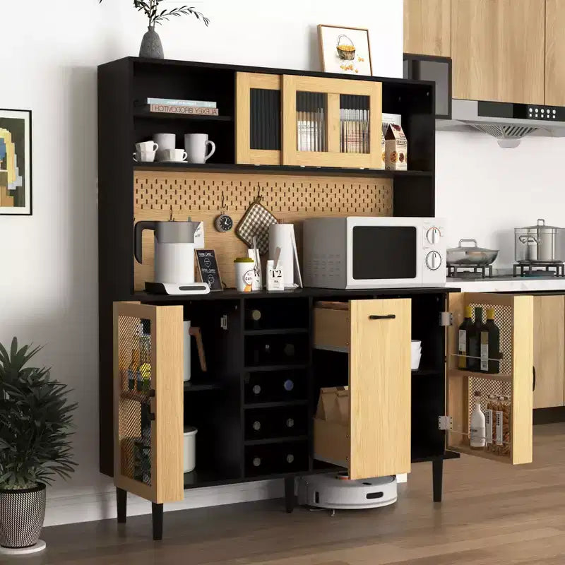 Mobile dispensa da cucina in legno da 71 pollici con ante in vetro e supporto per microonde, credenza a buffet per cucina e sala da pranzo
