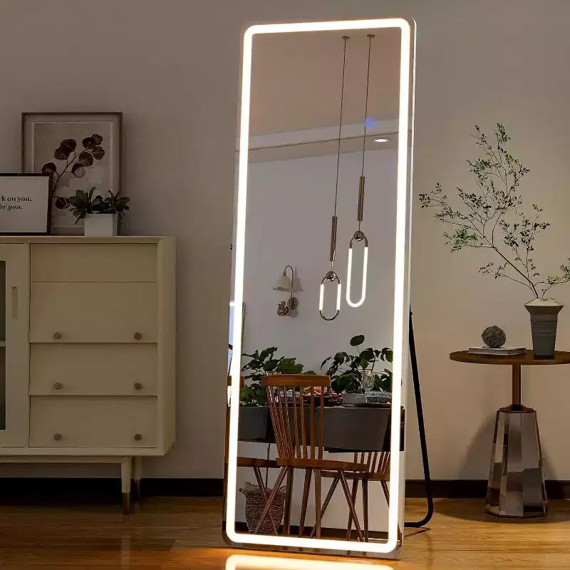 BEAUTYPEAK 60x16 LED Full Length Mirror, Dimmable 3-Color, Floor/Wall Mounted Full Body Dressing Mirror for Bedroom, Living Room, Closet, White