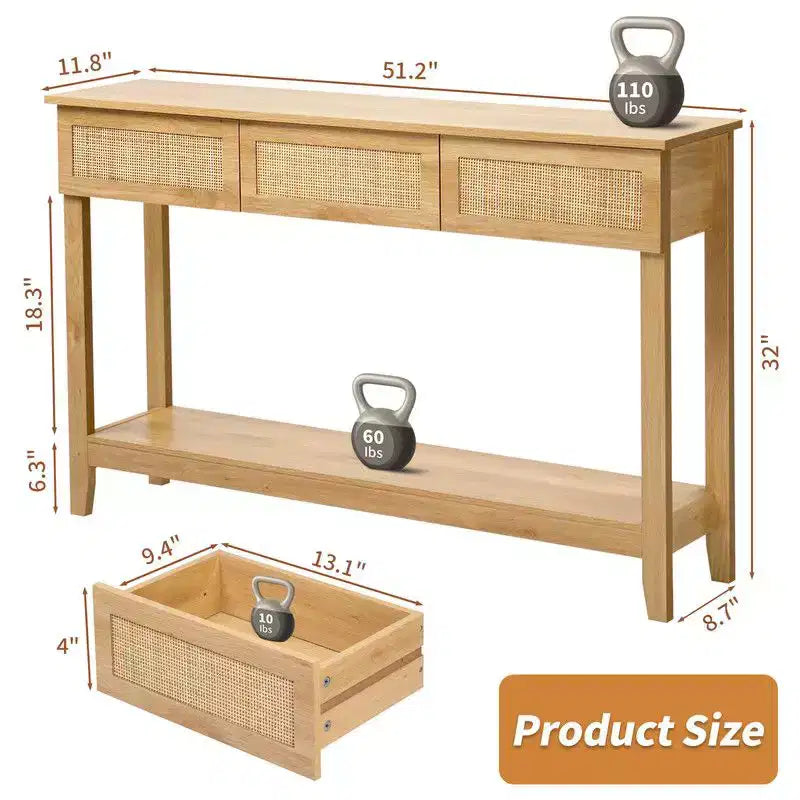Consolle da ingresso in MDF 130*30*81cm in legno e rattan a 2 ripiani e 3 cassetti