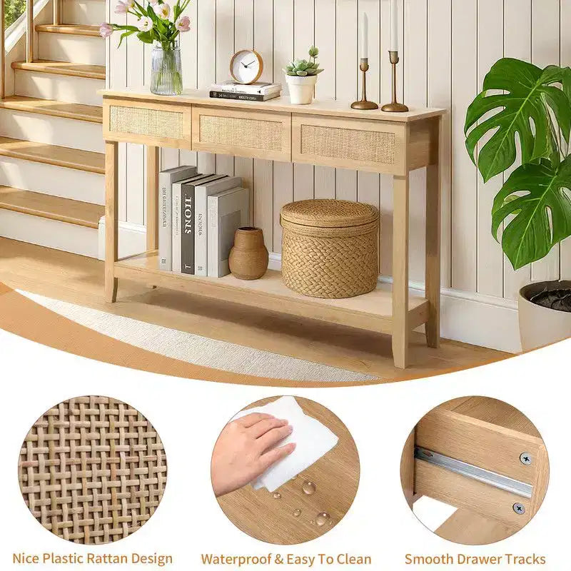 Consolle da ingresso in MDF 130*30*81cm in legno e rattan a 2 ripiani e 3 cassetti