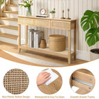 Consolle da ingresso in MDF 130*30*81cm in legno e rattan a 2 ripiani e 3 cassetti