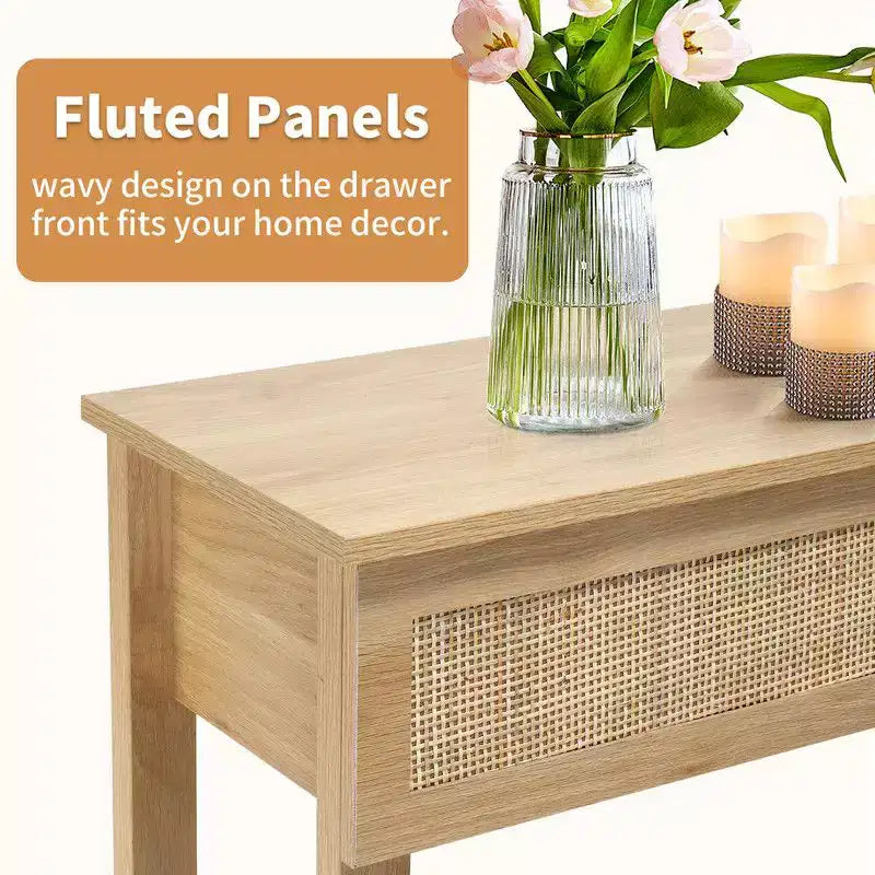 Consolle da ingresso in MDF 130*30*81cm in legno e rattan a 2 ripiani e 3 cassetti
