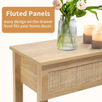 Consolle da ingresso in MDF 130*30*81cm in legno e rattan a 2 ripiani e 3 cassetti