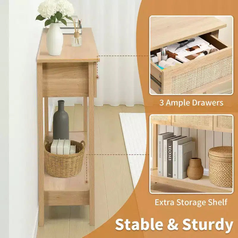 Consolle da ingresso in MDF 130*30*81cm in legno e rattan a 2 ripiani e 3 cassetti