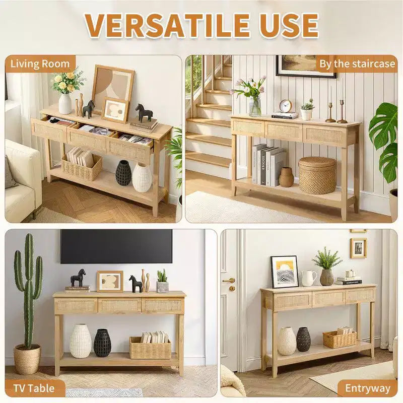 Consolle da ingresso in MDF 130*30*81cm in legno e rattan a 2 ripiani e 3 cassetti