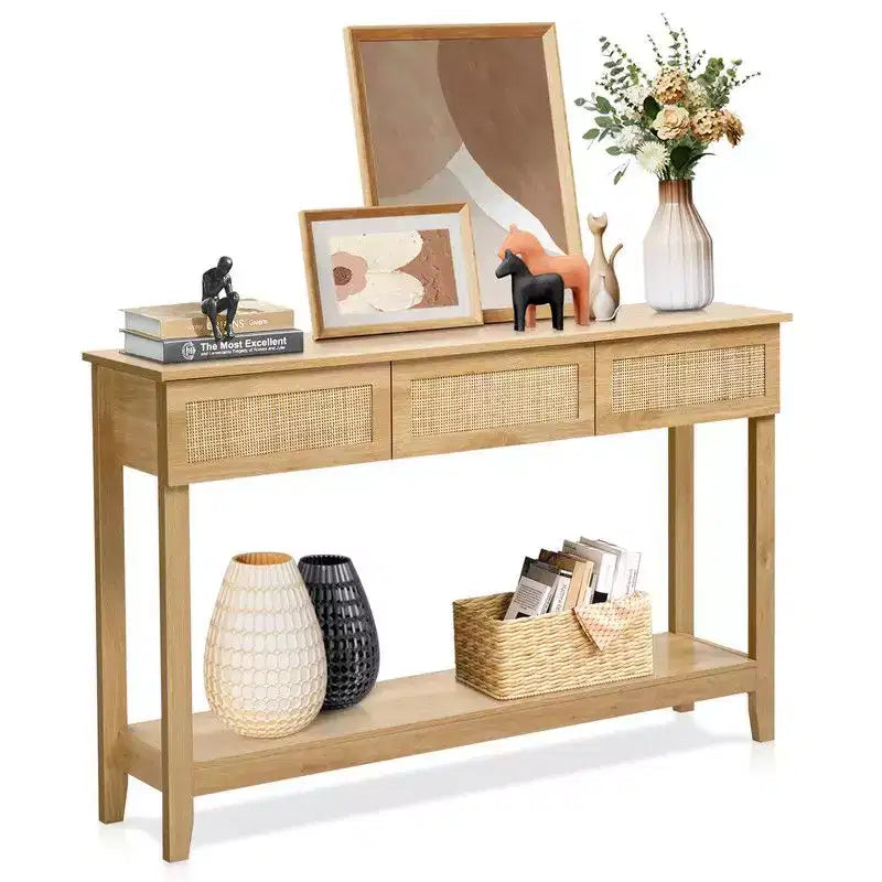 Consolle da ingresso in MDF 130*30*81cm in legno e rattan a 2 ripiani e 3 cassetti
