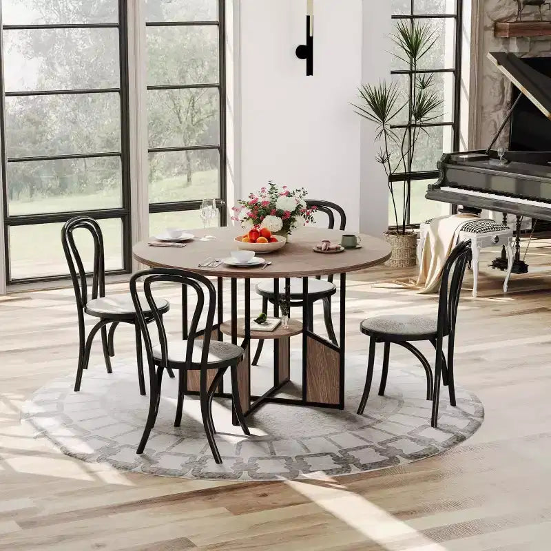 Tavolo da pranzo rotondo Acekool 59.6 per 4-6 persone, stile industriale moderno, ripiano portaoggetti, piano impermeabile, base a croce in metallo, facile montaggio