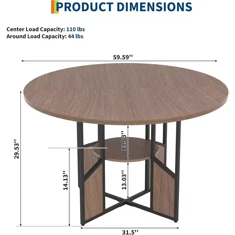 Tavolo da pranzo rotondo Acekool 59.6 per 4-6 persone, stile industriale moderno, ripiano portaoggetti, piano impermeabile, base a croce in metallo, facile montaggio