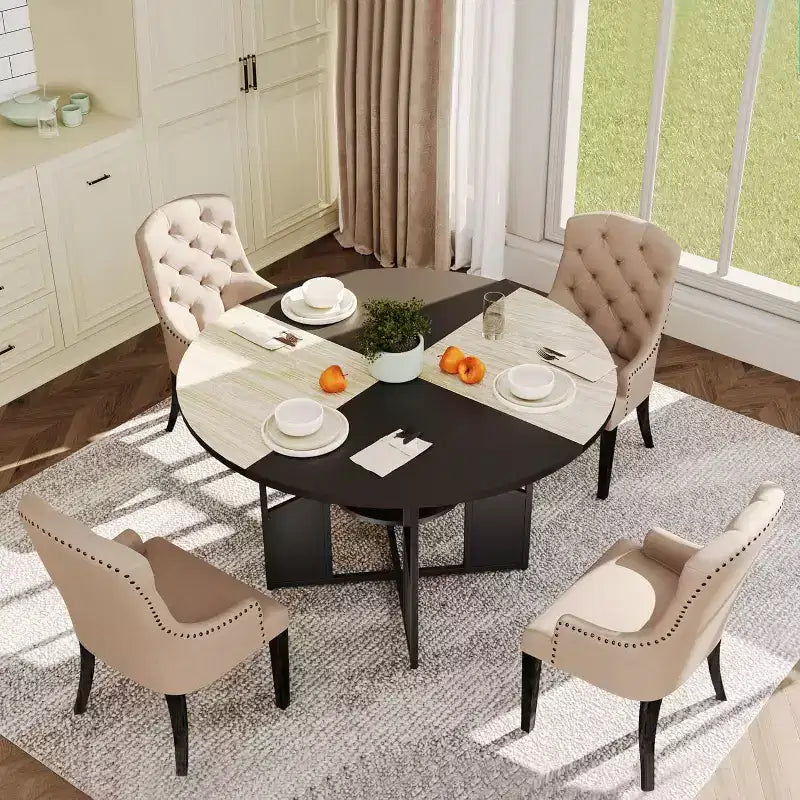 Tavolo da pranzo rotondo Acekool 59.6 per 4-6 persone, stile industriale moderno, ripiano portaoggetti, piano impermeabile, base a croce in metallo, facile montaggio