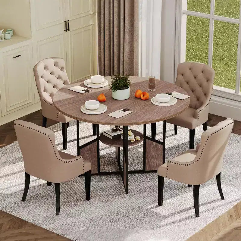 Tavolo da pranzo rotondo Acekool 59.6 per 4-6 persone, stile industriale moderno, ripiano portaoggetti, piano impermeabile, base a croce in metallo, facile montaggio