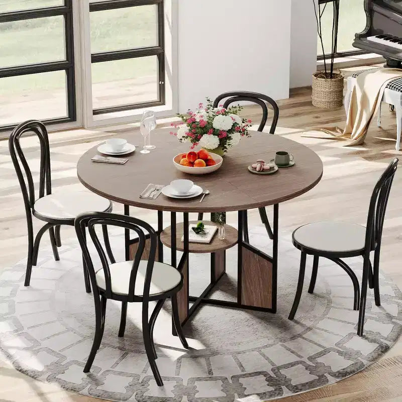 Tavolo da pranzo rotondo Acekool 59.6 per 4-6 persone, stile industriale moderno, ripiano portaoggetti, piano impermeabile, base a croce in metallo, facile montaggio